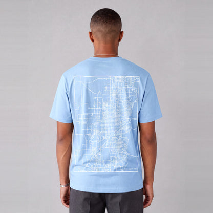 Logan map tee, back print on model - Light Blue