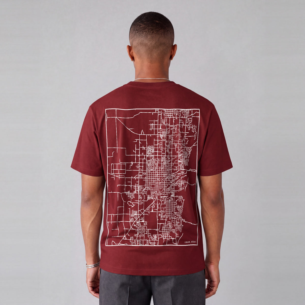 Logan map tee, back print on model - Maroon