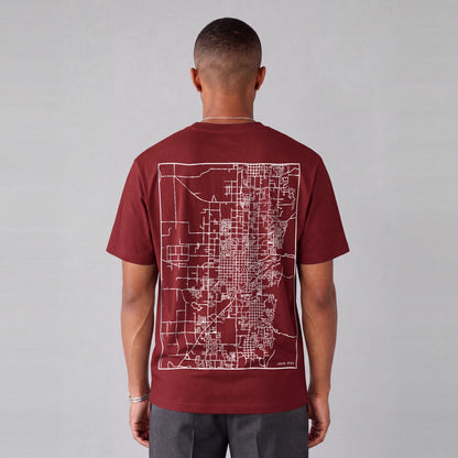 Logan map tee, back print on model - Maroon