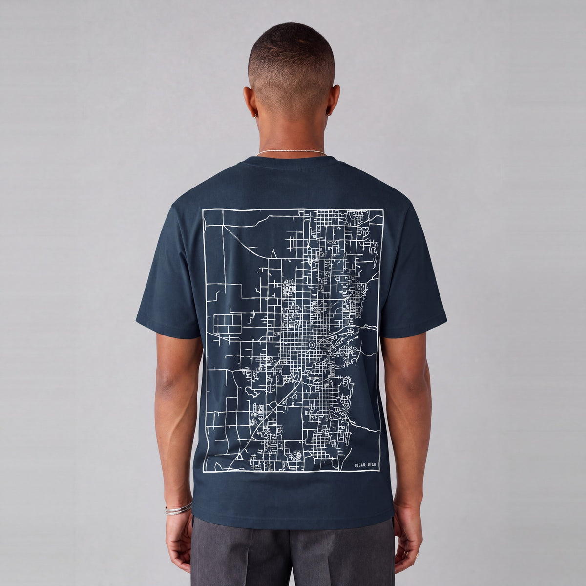 Logan map tee, back print on model - Navy Blue