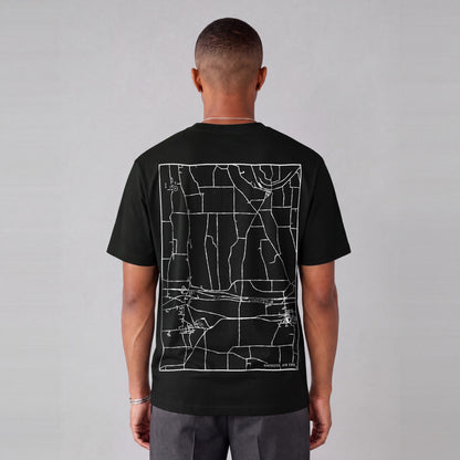 Manchester map tee, back print on model - Black