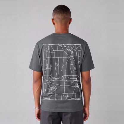 Manchester map tee, back print on model - Charcoal