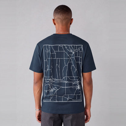 Manchester map tee, back print on model - Navy Blue