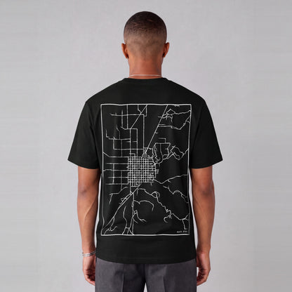 Manti map tee, back print on model - Black