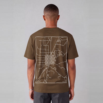 Manti map tee, back print on model - Coffee
