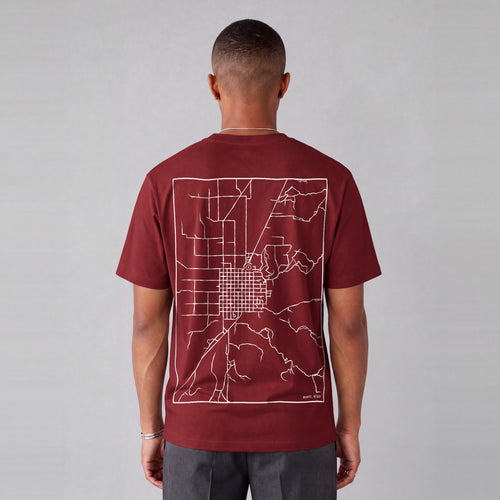 Manti map tee, back print on model - Maroon