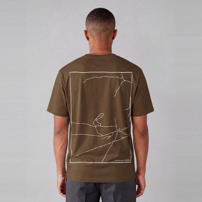 Martin's Cove map tee, back print on model - Coffee