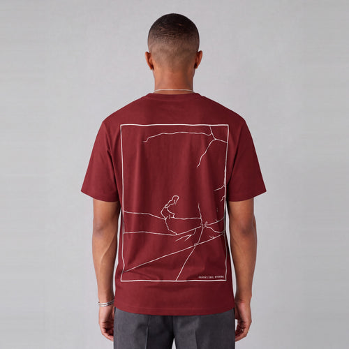 Martin's Cove map tee, back print on model - Maroon