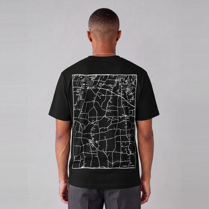 Mendon map tee, back print on model - Black
