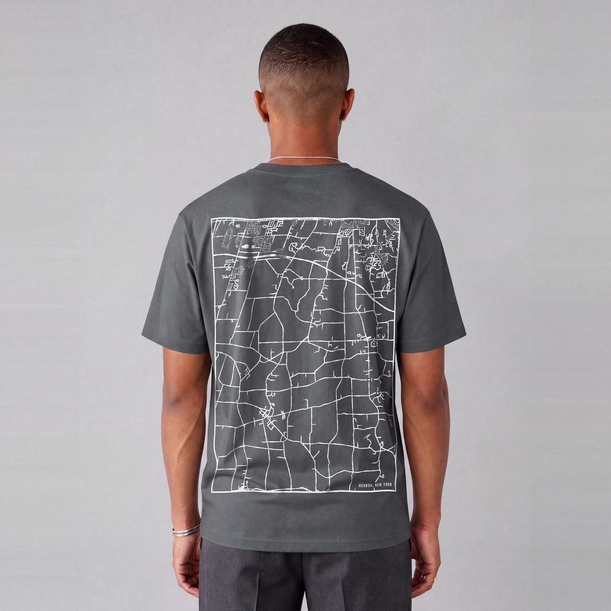 Mendon map tee, back print on model - Charcoal