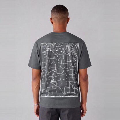 Mendon map tee, back print on model - Charcoal