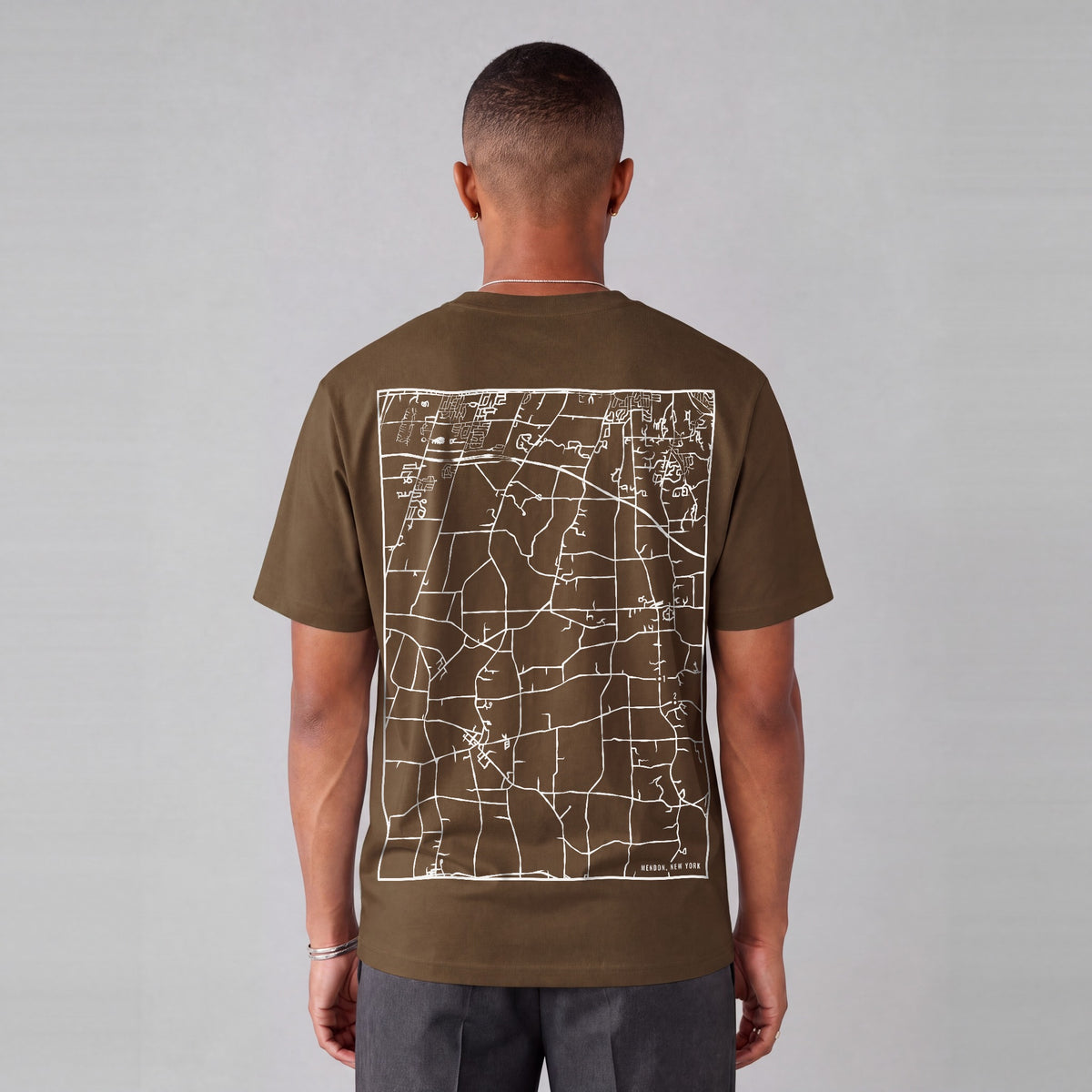 Mendon map tee, back print on model - Coffee