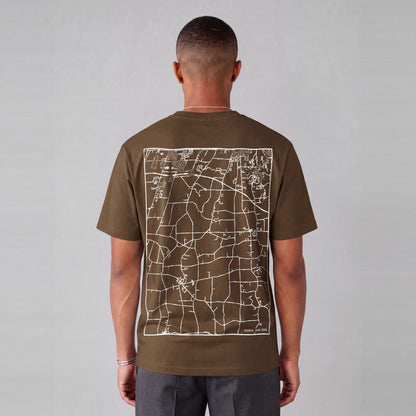 Mendon map tee, back print on model - Coffee