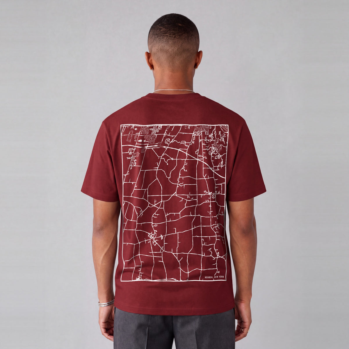 Mendon map tee, back print on model - Maroon