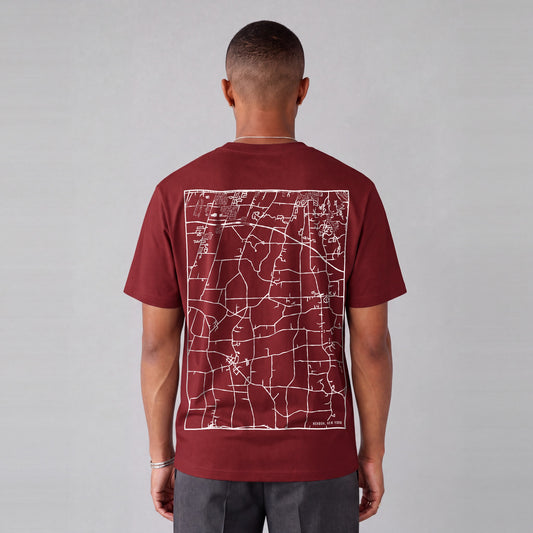Mendon map tee, back print on model - Maroon