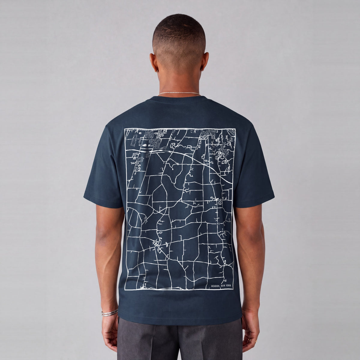 Mendon map tee, back print on model - Navy Blue
