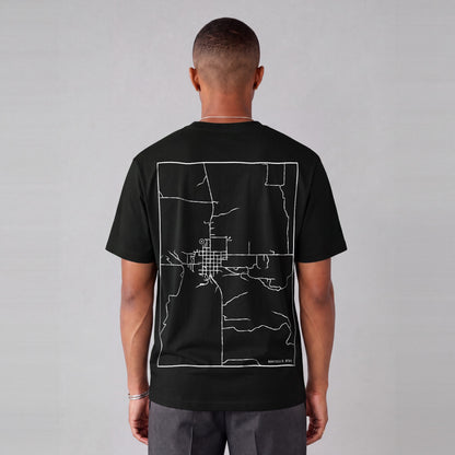 Monticello map tee, back print on model - Black