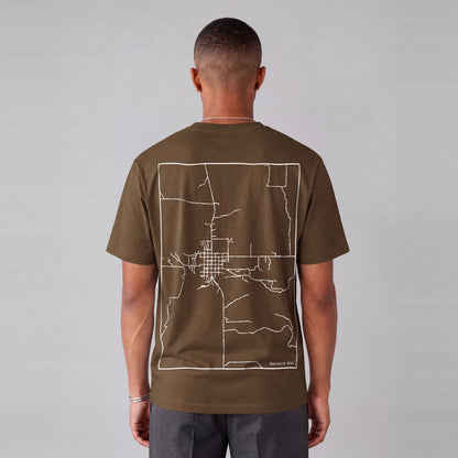 Monticello map tee, back print on model - Coffee