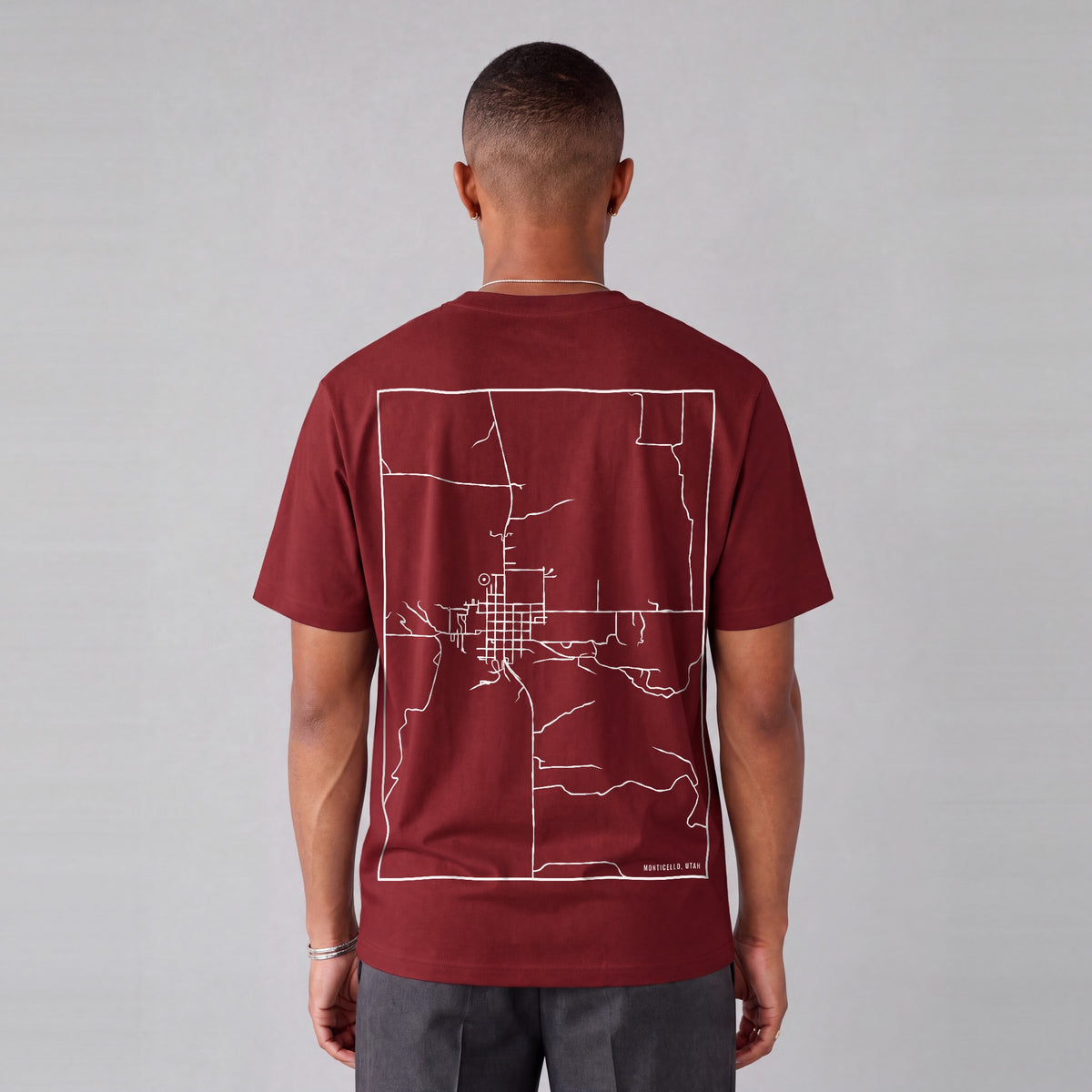 Monticello map tee, back print on model - Maroon