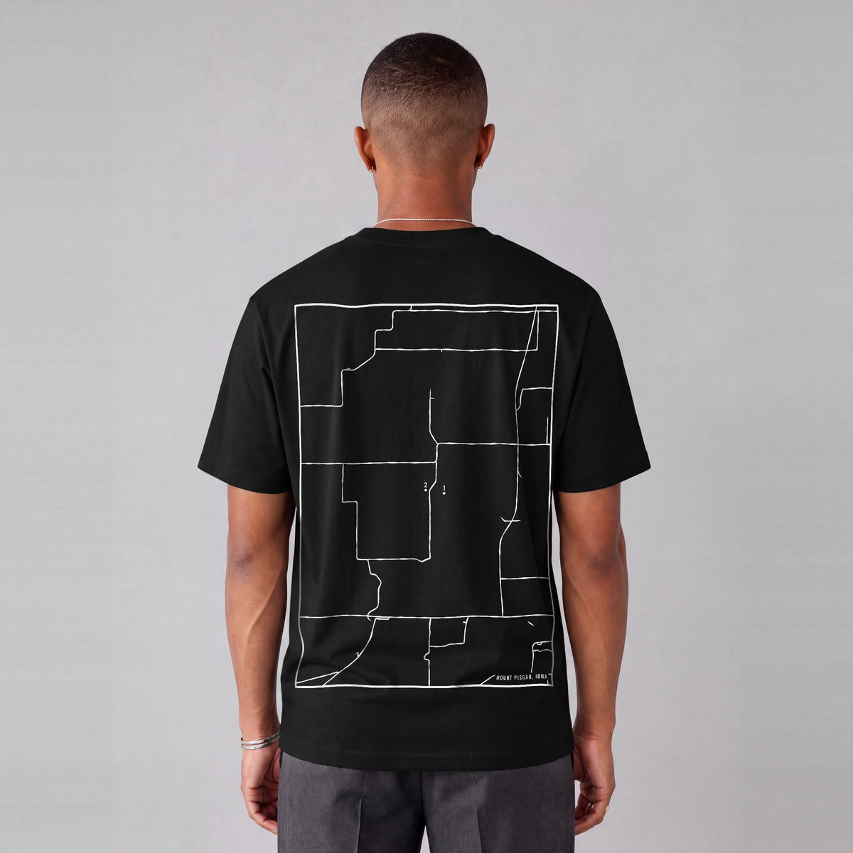 Mount Pisgah map tee, back print on model - Black