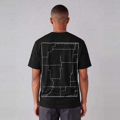 Mount Pisgah map tee, back print on model - Black