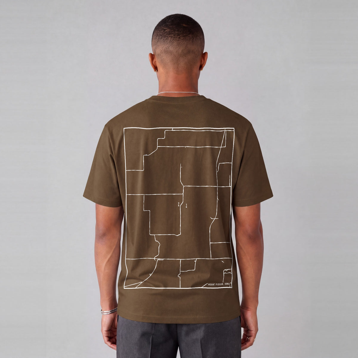 Mount Pisgah map tee, back print on model - Coffee