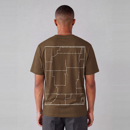 Mount Pisgah map tee, back print on model - Coffee