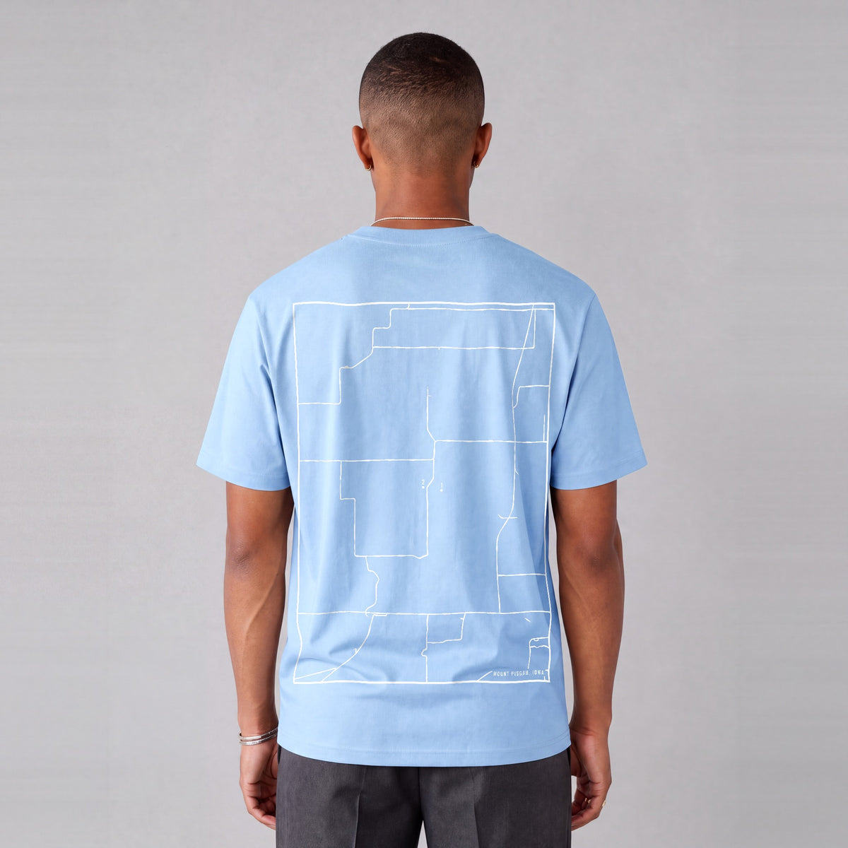 Mount Pisgah map tee, back print on model - Light Blue