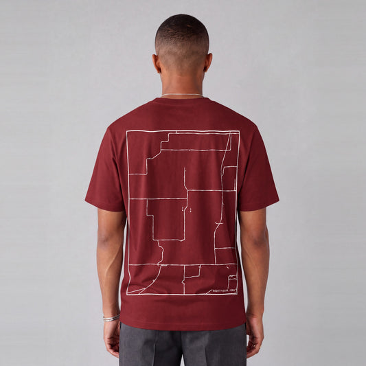 Mount Pisgah map tee, back print on model - Maroon