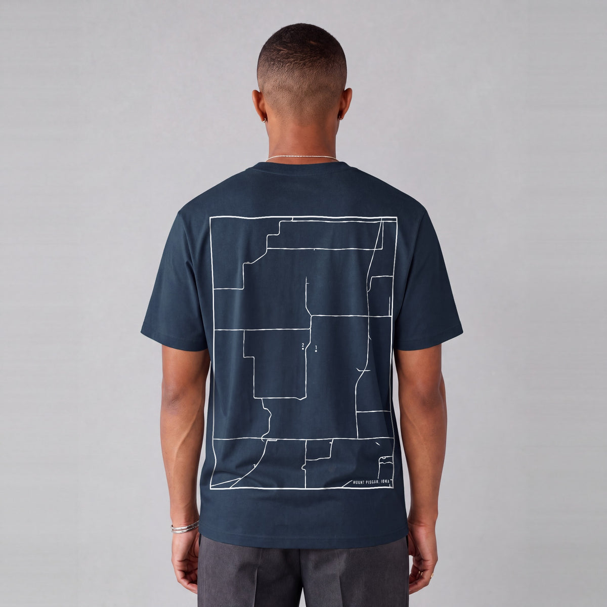 Mount Pisgah map tee, back print on model - Navy Blue