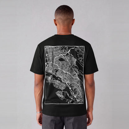 Oakland map tee, back print on model - Black