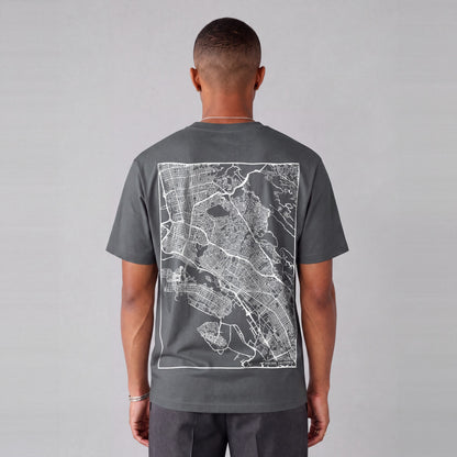 Oakland map tee, back print on model - Charcoal