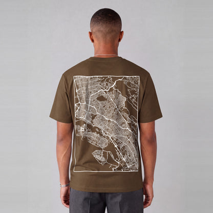 Oakland map tee, back print on model - Coffee