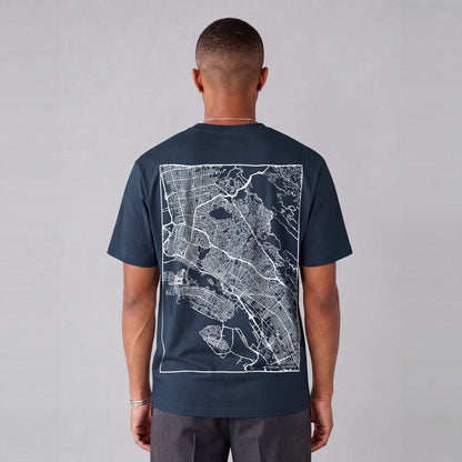 Oakland map tee, back print on model - Navy Blue