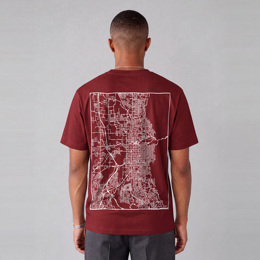 Ogden map tee, back print on model - Maroon