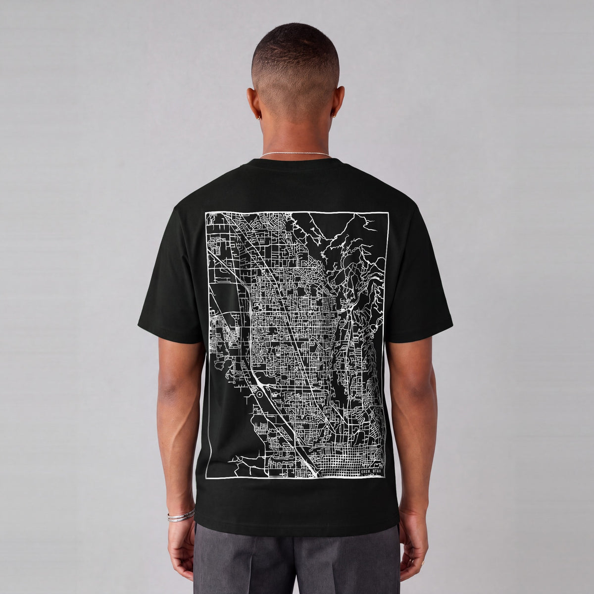 Orem map tee, back print on model - Black