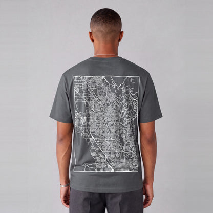Orem map tee, back print on model - Charcoal