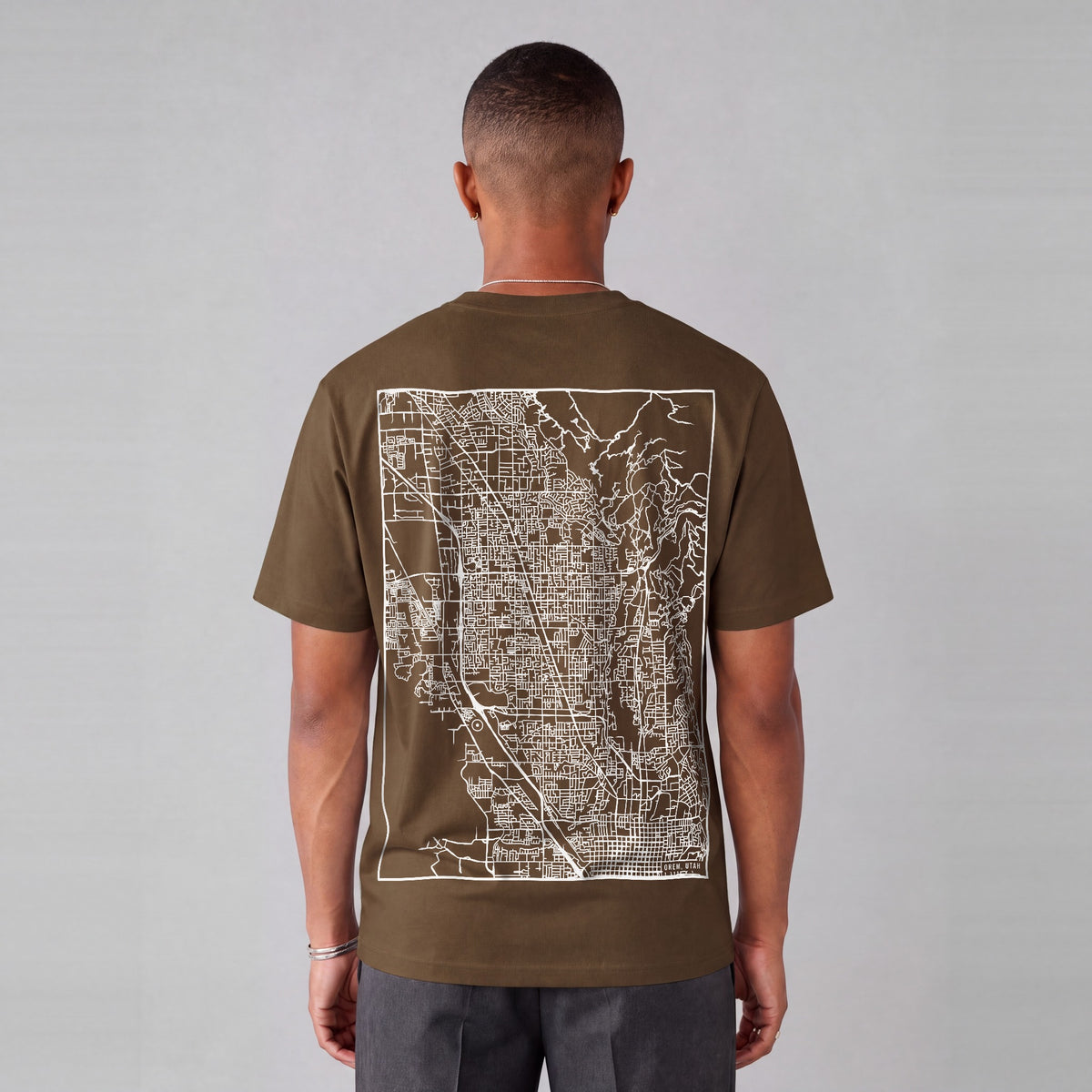 Orem map tee, back print on model - Coffee