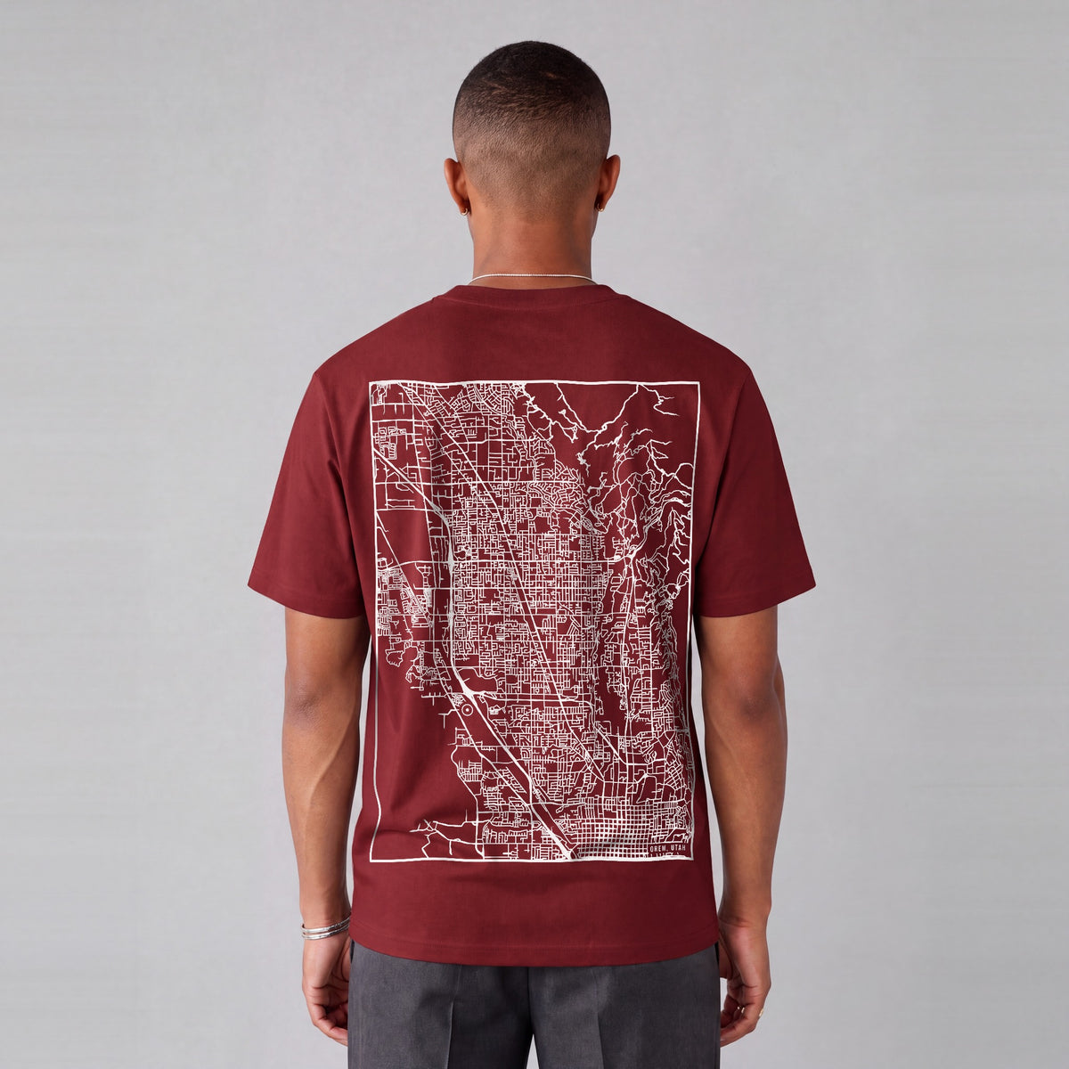 Orem map tee, back print on model - Maroon