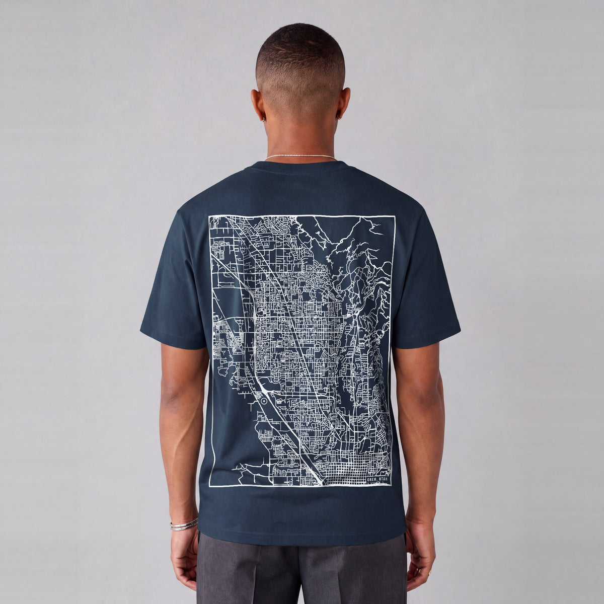 Orem map tee, back print on model - Navy Blue