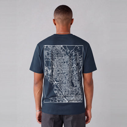 Orem map tee, back print on model - Navy Blue