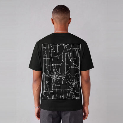 Palmyra map tee, back print on model - Black