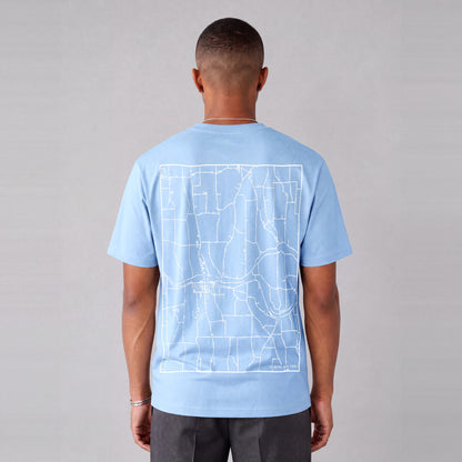 Palmyra map tee, back print on model - Light Blue