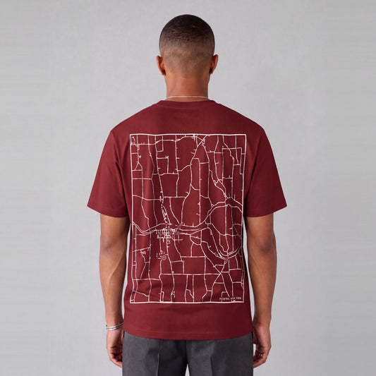 Palmyra map tee, back print on model - Maroon
