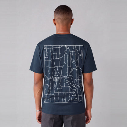 Palmyra map tee, back print on model - Navy Blue