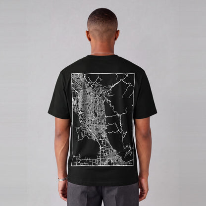 Provo map tee, back print on model - Black