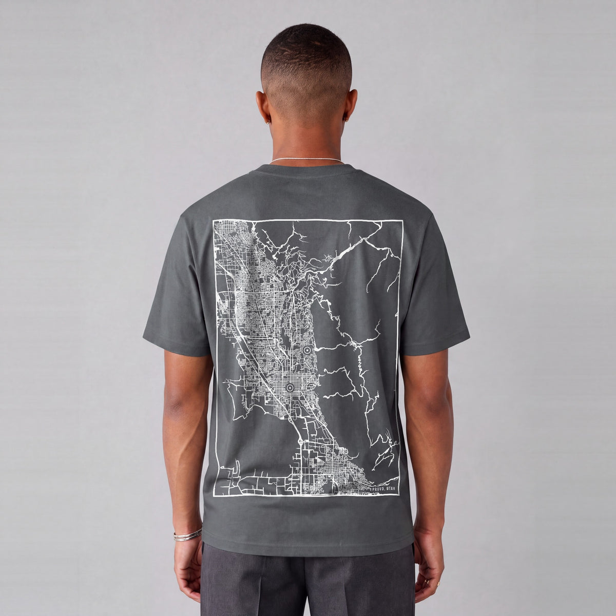 Provo map tee, back print on model - Charcoal