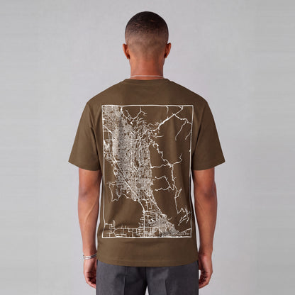 Provo map tee, back print on model - Coffee