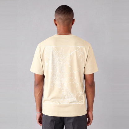 Provo map tee, back print on model - Cream