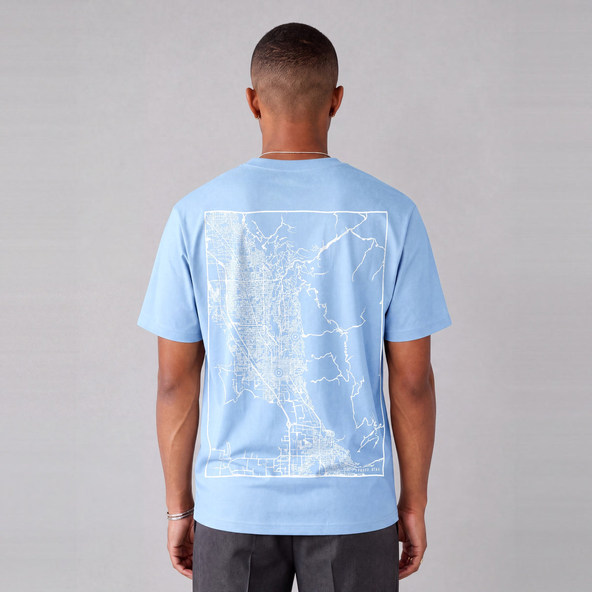Provo map tee, back print on model - Light Blue